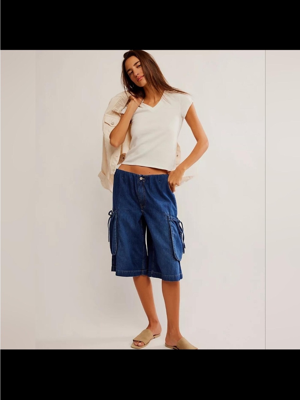 We The Free Indigo Denim Cargo Bermuda Shorts